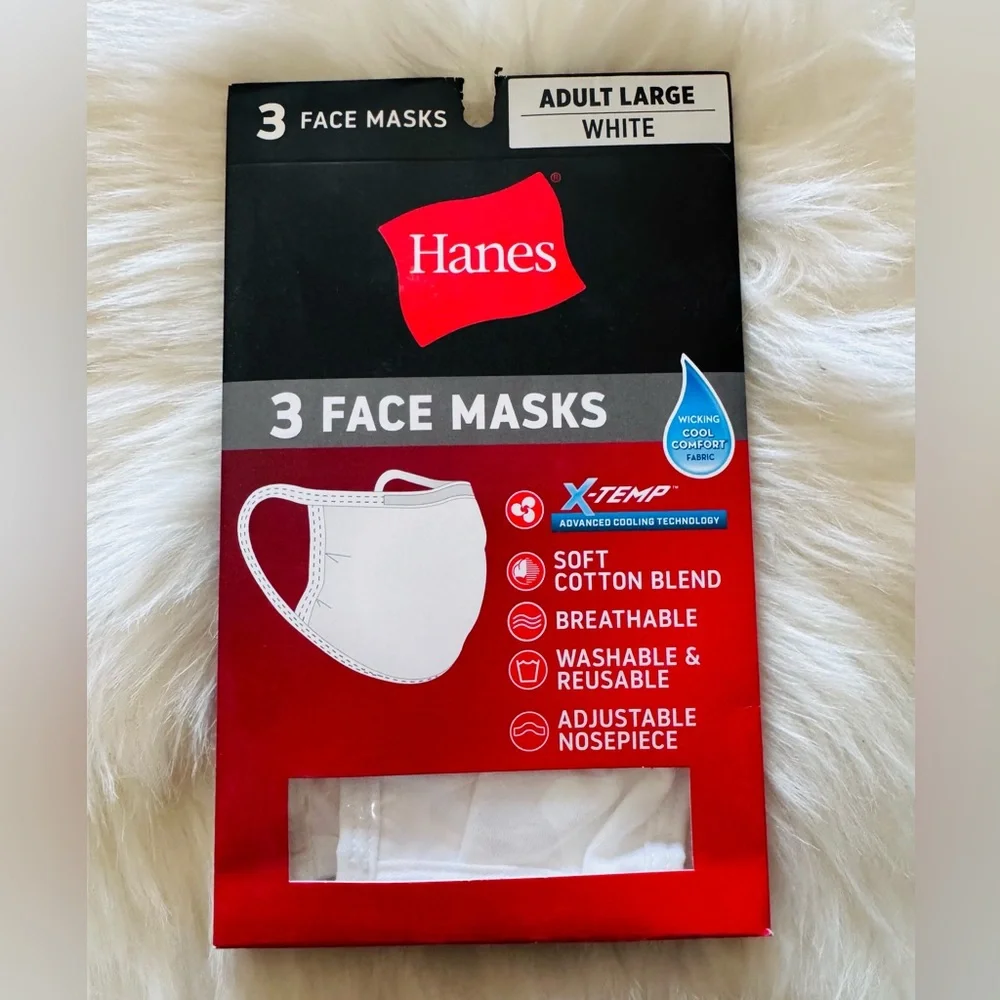 8 Hanes Breathable White Cotton Masks Adult Large and One Size Fits Most